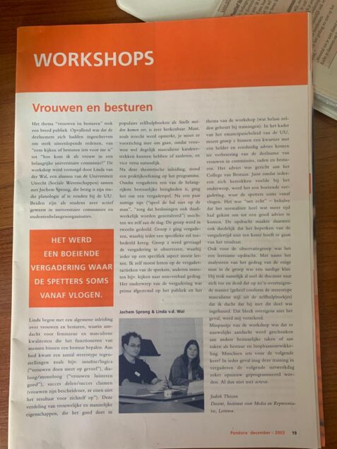 Jochem en Linda geven training bij het Vrouwennetwerk Universiteit Utrecht, artikel in tijdschrift Pandora